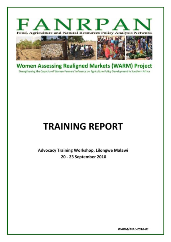 Cover of Training Report: Advocacy Training Workshop, Lilongwe, Malawi, 20-23 September 2010